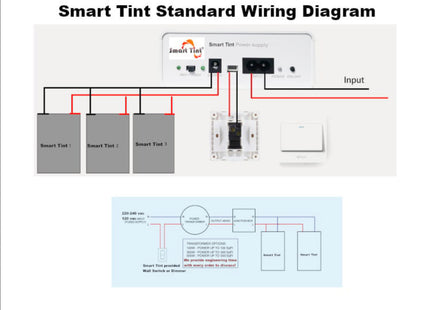 Smart Tint H-50R : Power Supply with Remote Control or Wall Switch, wiring diagram.