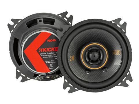 Kicker 47KSC404 : Four-Inch Coaxial Midrange-Tweeter Drivers, 75-Watt RMS, front and back side view.