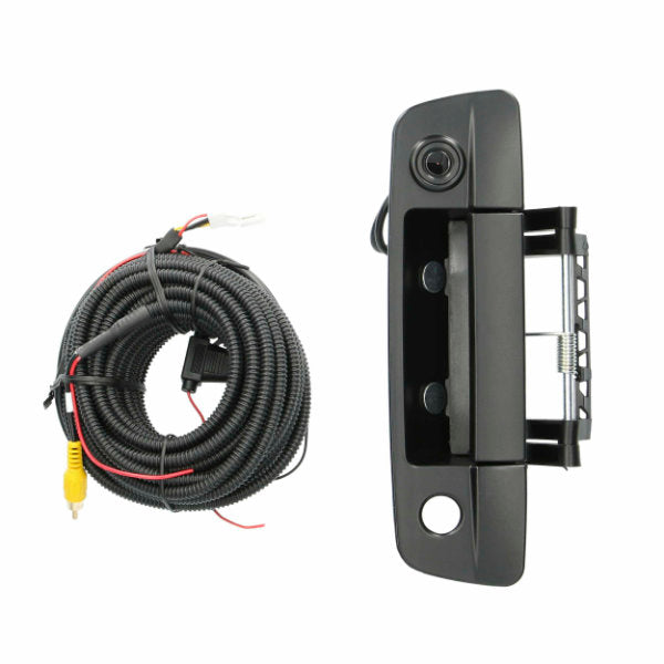 iBeam TE-DGH : Black Tailgate Handle Backup Camera, front view with wire harness.