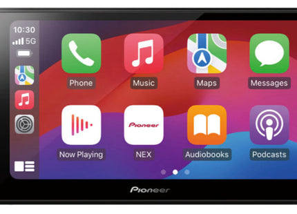 Pioneer DMH-W3000NEX : 6.8" DDIN Size BT Mechless WiFi Stereo, front view with Apple CarPlay screen.