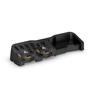 JL Audio SBX-GM-SLVCC4/12TW3 : Dual 12" 800W 2Ω Thin Subwoofer Enclosure, 2019-UP Silverado, Sierra (Crew Cab) - Cutaway View.