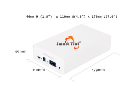 Smart Tint H-100R : Power Supply with Remote Control or Wall Switch, side view dimensions show.