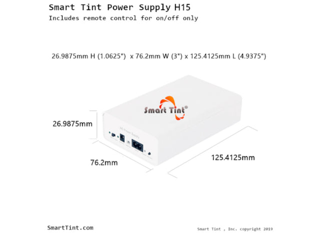 Smart Tint H-15R : Power Supply with Remote Control or Wall Switch, side view dimensions.