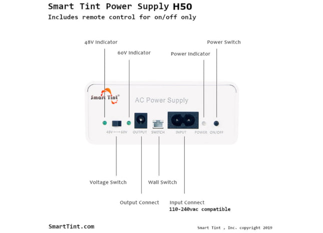 Smart Tint H-50R : Power Supply with Remote Control or Wall Switch, front view.