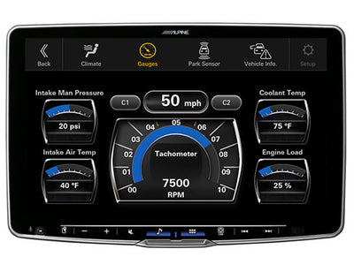 Alpine iLX-F511 : 11" Halo Style Bluetooth Mechless Head Unit vehicle information screen.