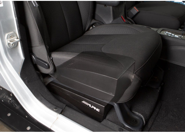 Alpine SBV-10-WRA : 10" 350W 2Ω Sub Box for Wrangler JK Unlimited 2007-2018, installed under passenger front seat.