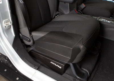 Alpine SBV-10-WRA : 10" 350W 2Ω Sub Box for Wrangler JK Unlimited 2007-2018, installed under passenger front seat.