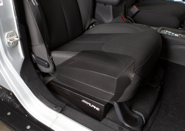 Alpine SBV-10-WRA : 10" 350W 2Ω Sub Box for Wrangler JK Unlimited 2007-2018, installed under passenger front seat.
