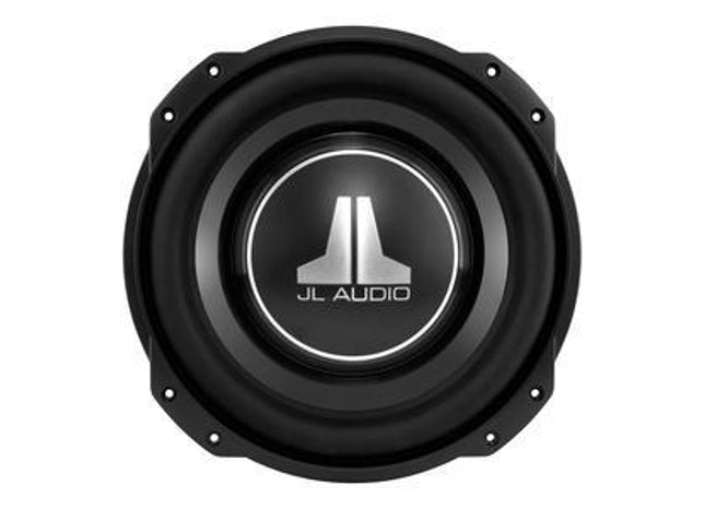 JL Audio 10TW3 : 400W 10" Thin Subwoofer Driver, 4Ω or 8Ω Dual Voice Coil, top side.