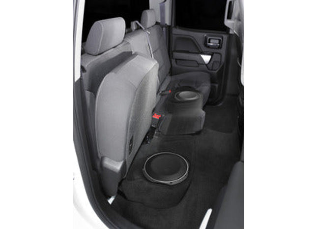 JL Audio SB-GM-SLVD/10TW1/BK : Dual 10" 600W RMS 2Ω Thin Subwoofer Enclosure, shown installed.