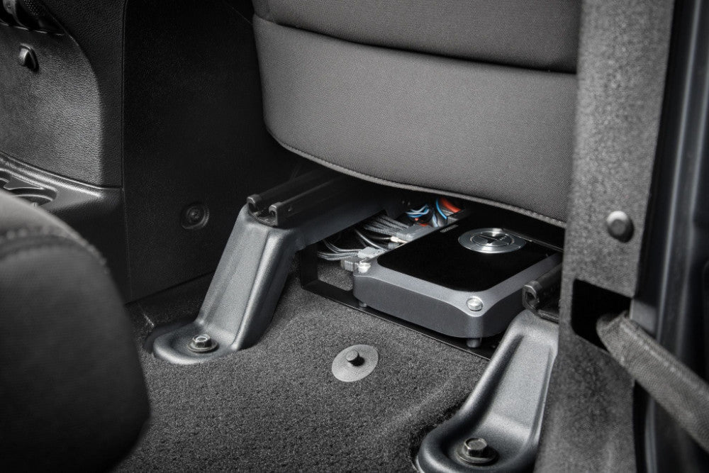 JL Audio SBA-J-JKU-UAR : Underseat Amplifier Mounting Bracket, shown installed.