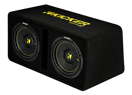 Kicker 44DCWC102 : 10-Inch Dual Loaded Subwoofer Enclosure, 2-Ohm Final Impedance, front side view.