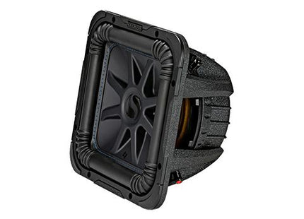 Kicker 44L7S10 : 10-Inch Square 600-Watt Subwoofer Driver, 2-Ohm or 4-Ohm DVC, front side view.