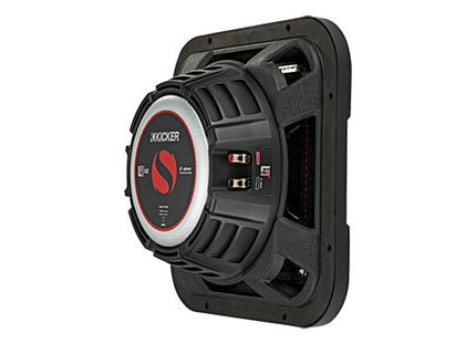 Kicker 46L7T10 : 10-Inch Thin Subwoofer Driver, 500-Watts @ 2-Ohm or 4-Ohm DVC, rear side view.