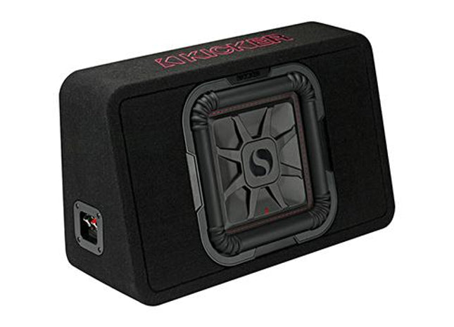 Kicker 46TL7T10 : 10-Inch Thin Loaded Subwoofer Enclosure, 500-Watts RMS, 2-Ohm or 4-Ohm Impedance, input side.