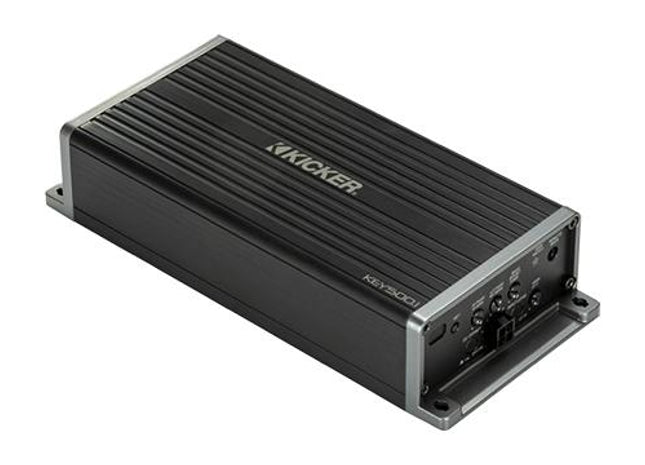 Kicker KEY-Series Mono Amplifier with Automatic EQ/DSP Processor, 300-Watts @ 2-Ohm, left side.