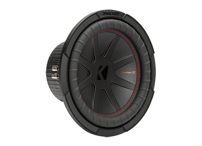 Kicker 48CWR10 : 400W 10" Subwoofer Driver, 2Ω or 4Ω Dual Voice Coil, left side.
