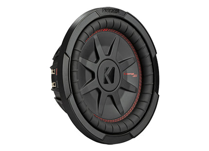 Kicker 48CWRT10 : 400W 10" Thin Subwoofer Driver, 2Ω or 2Ω Dual Voice Coil, left side.