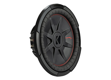 Kicker 48CWRT12 : 500W 12" Thin Subwoofer Driver, 2Ω or 4Ω Dual Voice Coil, left side.
