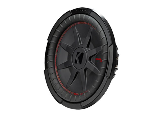 Kicker 48CWRT12 : 500W 12" Thin Subwoofer Driver, 2Ω or 4Ω Dual Voice Coil, right side.