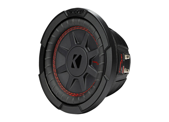 Kicker 48CWRT67 : 150W 6.75" Thin Subwoofer Driver, 1Ω or 2Ω Dual Voice Coil, left side.
