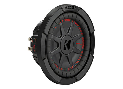 Kicker 48CWRT8 : 300W 8" Thin Subwoofer Driver, 2Ω or 4Ω Dual Voice Coil, left side.