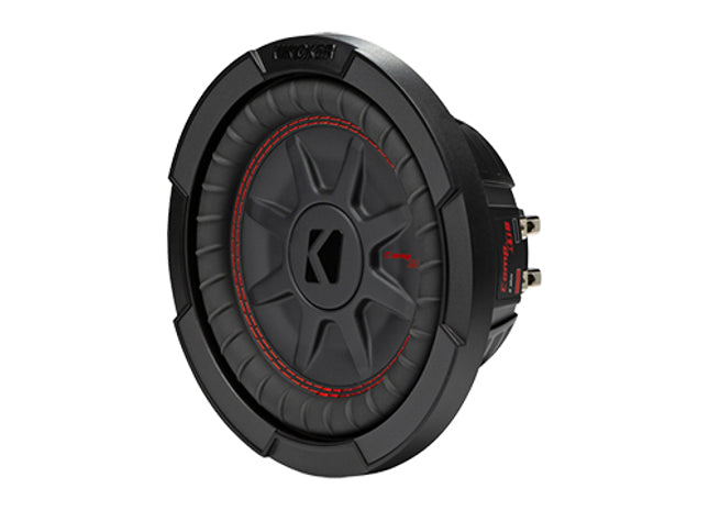 Kicker 48CWRT8 : 300W 8" Thin Subwoofer Driver, 2Ω or 4Ω Dual Voice Coil, right side.