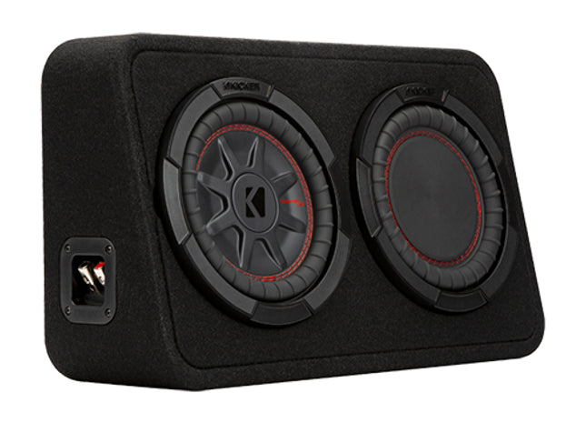 Kicker 48TCWRT82 : 300W Dual 8" Thin Subwoofer Enclosure, 2Ω Configuration, left side.